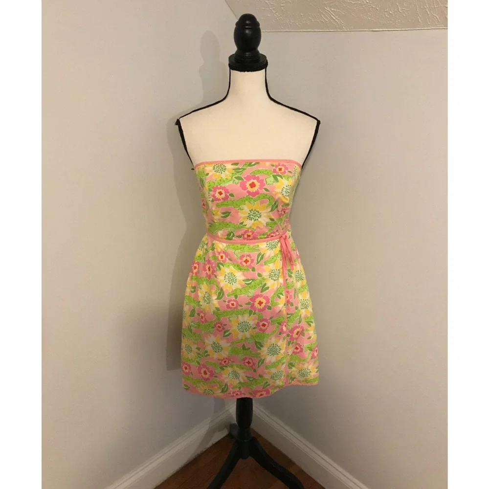 Vintage Lilly Pulitzer White Label Strapless Alligator Floral Dress Size 4 - Picture 2 of 11